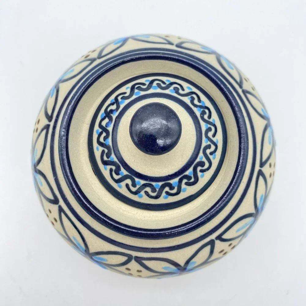 Mexican pottery lidded jar bowl blue Floral print Xochimilco hand painted signed